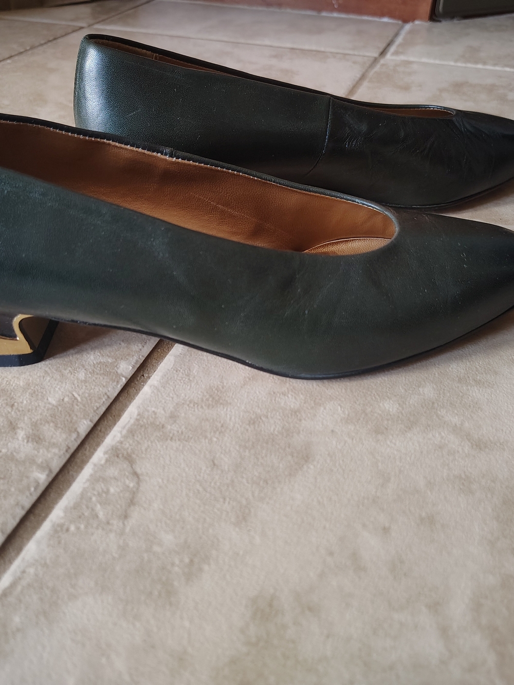 Women's Dark Green Leather Low Heel with Gold Whale Detail